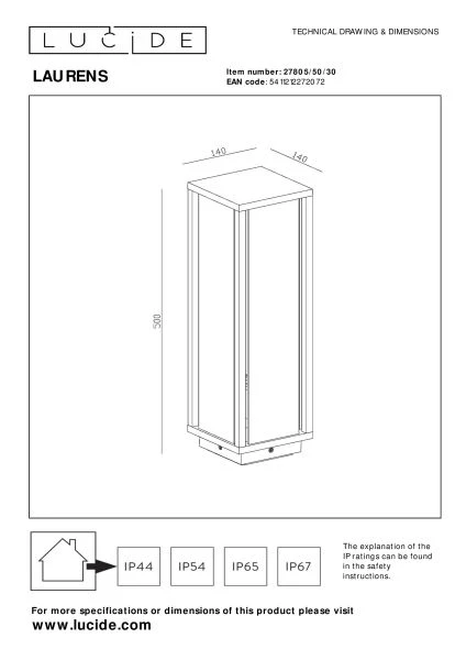 Lucide LAURENS - Bollard light - 1xE27 - IP54 - Black - technical